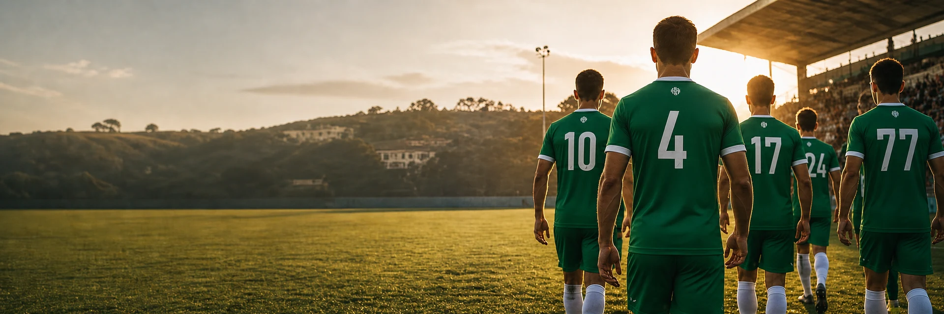 Jogadores do Juventus de Pedroso com o equipamento verde a entrar em campo ao fim da tarde